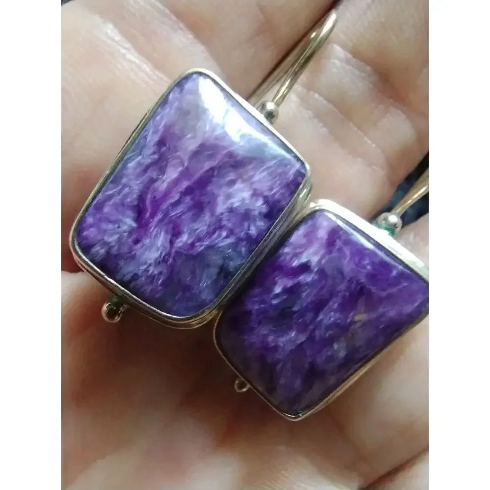 Siberian Natural Charoite Mineral & 925 Sterling Silver Artisan Signed Earrings